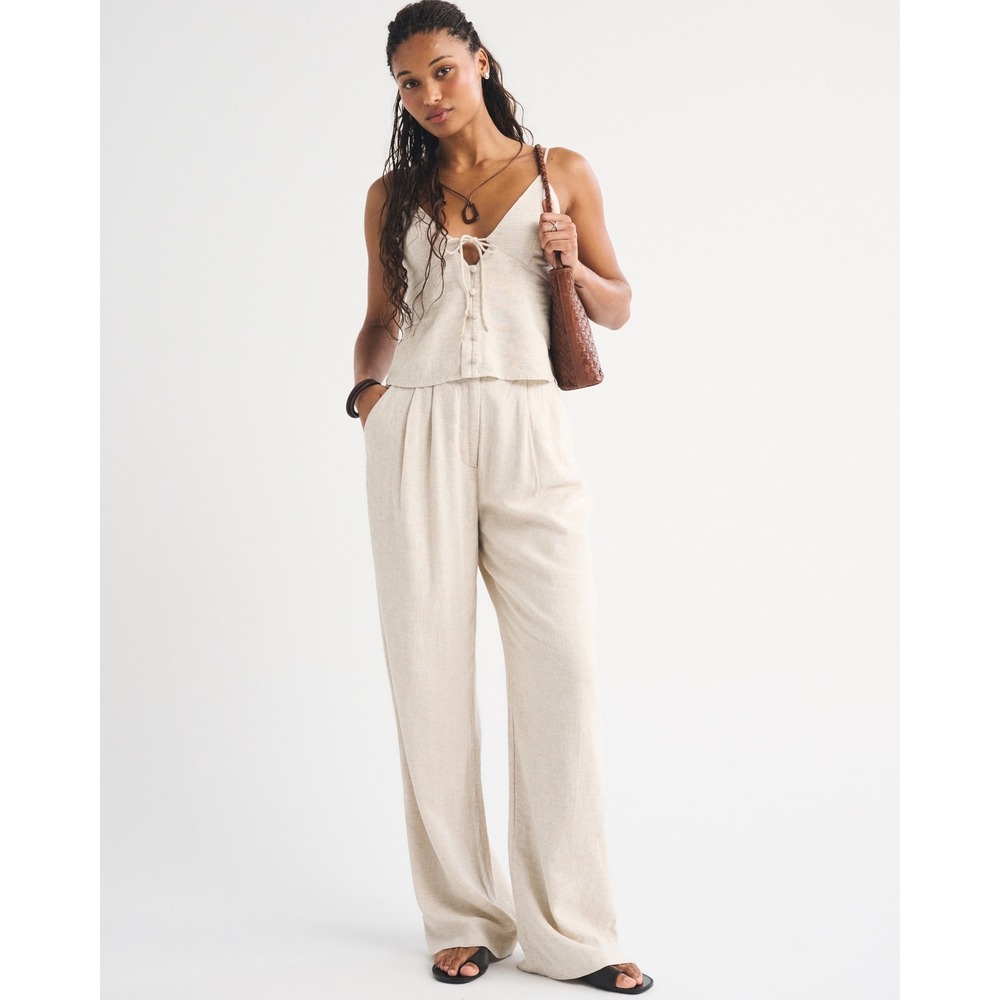 Abercrombie & Fitch Womens Linen Blend Sloane Wide Leg Pleated Pants Beige 32/14